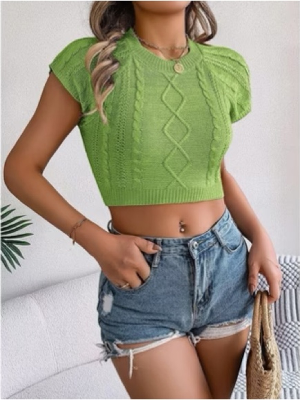 Green Knit Cap Sleeve Crop Top NWOT